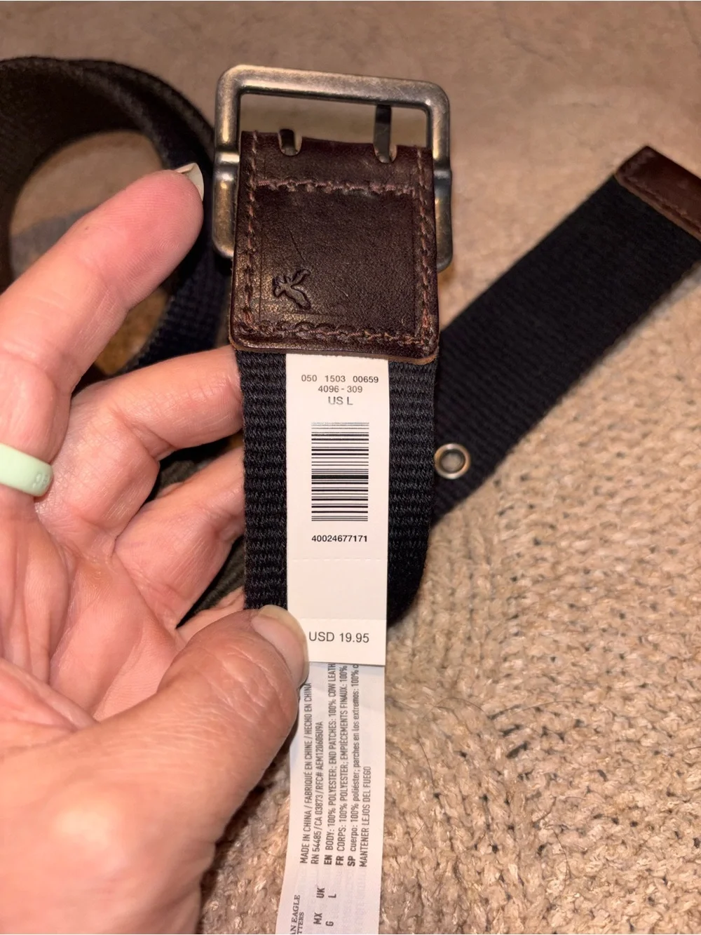 American Eagle Men’s Olive and Black Canvas Web Belt Leather Trim Size L NWT